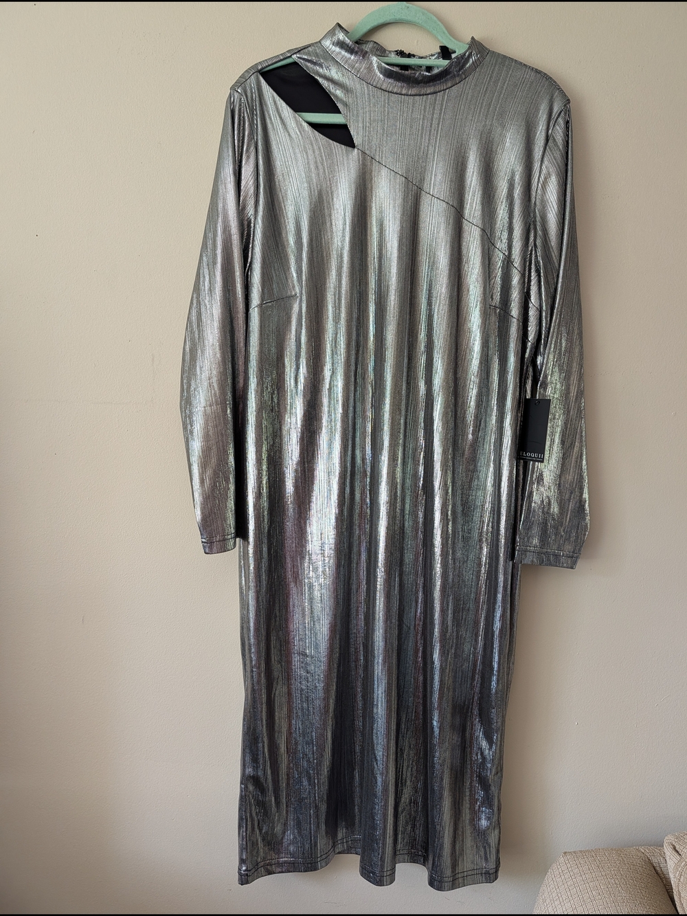 Eloquii Metallic Silver Long Sleeve Midi Dress with Cutout Size 18